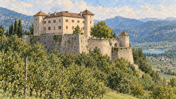 Val di Non — A documented guide 5 Watercolour: Castel Thun above the orchard landscape.