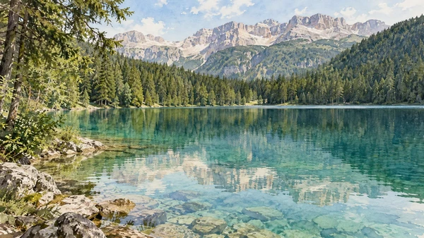 Val di Non — A documented guide 11 Watercolour: Lake Tovel reflecting the forest and pale mountain peaks.