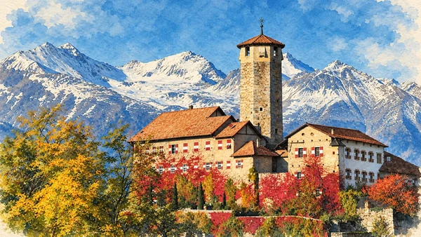 Val di Non — A documented guide 6 Watercolour: Castel Valer’s octagonal tower and red-and-white shutters.
