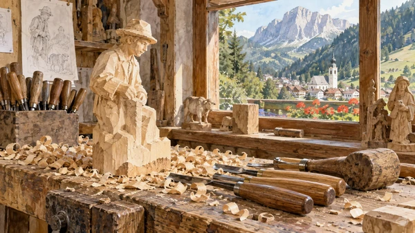 Val Gardena / Gröden / Gherdëina — A documented guide 5 Watercolour: An illustrative carving bench with chisels, shavings and a wooden figure.