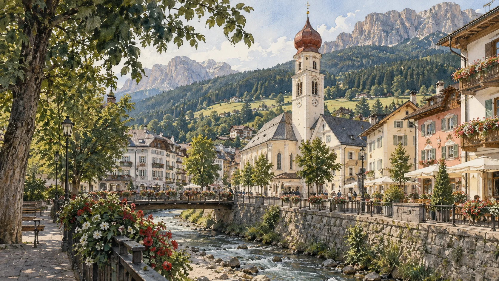 Val Gardena / Gröden / Gherdëina — A documented guide 1 Editorial watercolour establishing view for Val Gardena / Gröden / Gherdëina