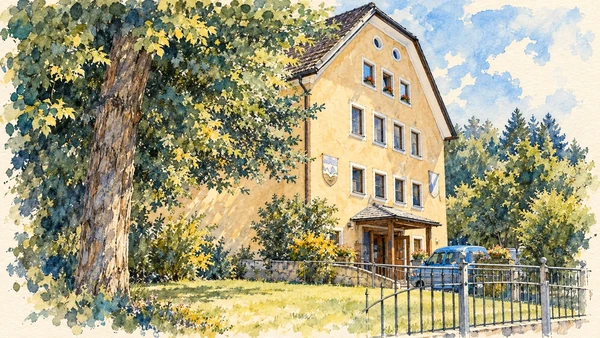 Val Gardena / Gröden / Gherdëina — A documented guide 3 Watercolour: The Cesa di Ladins building housing Museum Gherdeina.