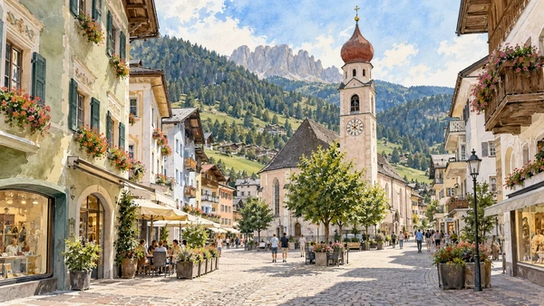 Val Gardena / Gröden / Gherdëina — A documented guide 2 Watercolour: Ortisei’s pedestrian centre and onion-domed parish church.