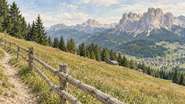 Val Gardena / Gröden / Gherdëina — A documented guide 10 Watercolour: Mountain meadows, fencing and the distant skyline from Resciesa.