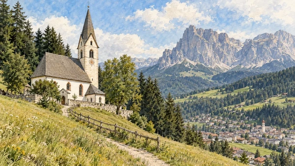 Val Gardena / Gröden / Gherdëina — A documented guide 4 Watercolour: San Giacomo church at the edge of a mountain meadow.