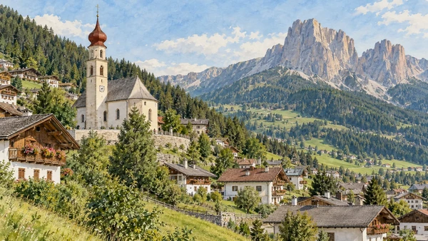 Val Gardena / Gröden / Gherdëina — A documented guide 6 Watercolour: Santa Cristina’s church and hillside houses.
