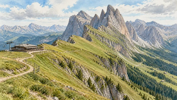 Val Gardena / Gröden / Gherdëina — A documented guide 9 Watercolour: The sloping Seceda ridge and jagged Odle peaks.