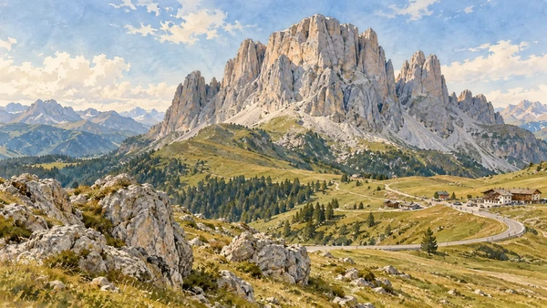 Val Gardena / Gröden / Gherdëina — A documented guide 11 Watercolour: Sassolungo above the meadows and boulders near Passo Sella.