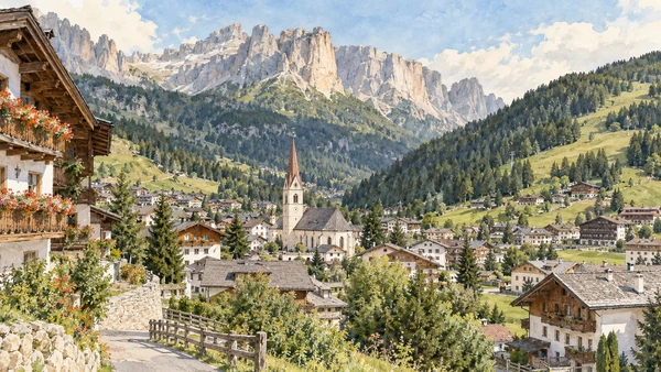 Val Gardena / Gröden / Gherdëina — A documented guide 7 Watercolour: Selva’s village buildings beneath the Dolomite slopes.