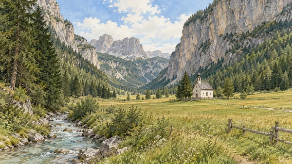 Val Gardena / Gröden / Gherdëina — A documented guide 8 Watercolour: The grassy Vallunga valley and its small chapel.