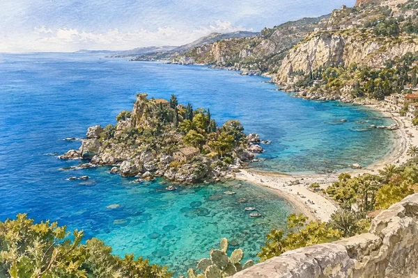 Taormina: Theatre, Sea and the Memory of a Family Journey 13 Watercolour view of Isola Bella and its tidal causeway below Taormina