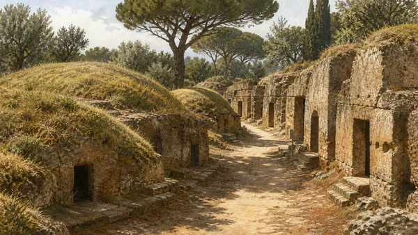 Original documentary watercolour of Banditaccia's tufa-cut avenues, circular tumuli and aligned cube tombs under Mediterranean vegetation