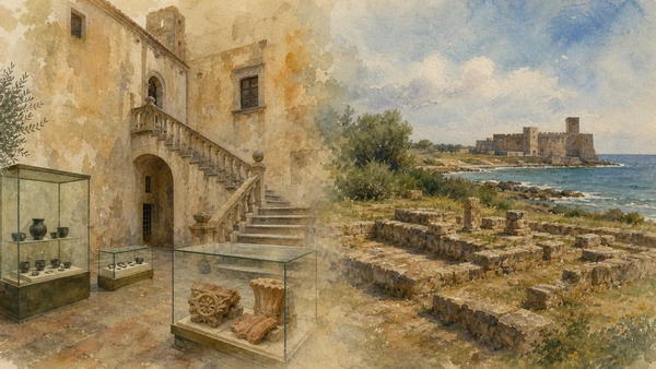 Original documentary watercolour diptych of the Museo Cerite inside the Ruspoli castle and the low temple foundations of Pyrgi beside the Tyrrhenian coast