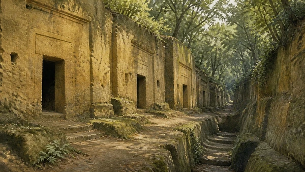 Original documentary watercolour of aligned cube tomb façades opening onto a rock-cut Banditaccia street that continues toward the Via degli Inferi