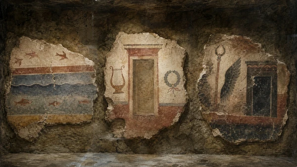 Original documentary watercolour study comparing protected Tarquinian wall-painting fragments of sea, birds, games and later underworld figures