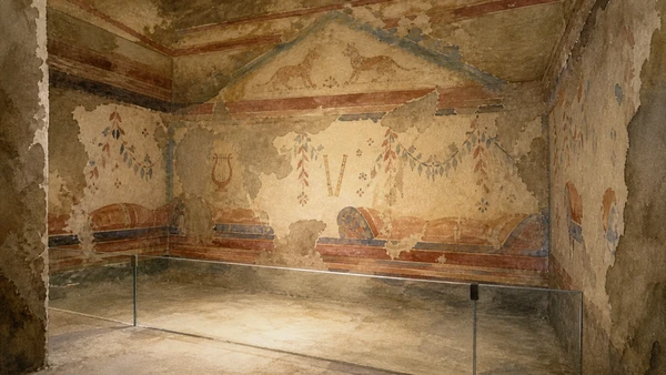 Original documentary watercolour interpretation of the Tomb of the Leopards as a dim protected chamber with restrained banquet, music and paired-feline motifs