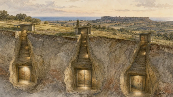 Original documentary watercolour cutaway of Monterozzi visitor shelters and stairs descending to glass-protected painted chambers beneath the ridge