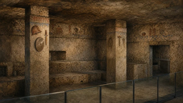 Original documentary watercolour of the Tomb of the Reliefs viewed through its conservation barrier, with restrained painted stucco objects on pillars and walls