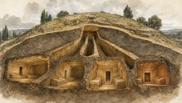Original documentary watercolour cutaway of Banditaccia Tumulo II showing separate entrance corridors and house-like rock-cut chambers
