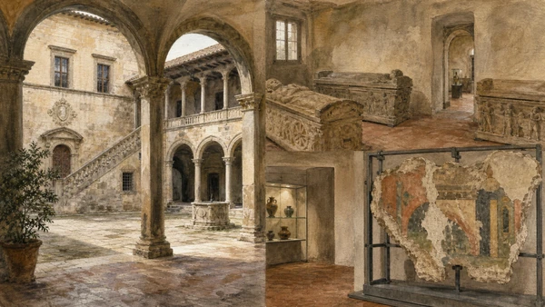 Original documentary watercolour of Palazzo Vitelleschi's Renaissance courtyard opening into restrained museum displays of sarcophagi and detached tomb paintings