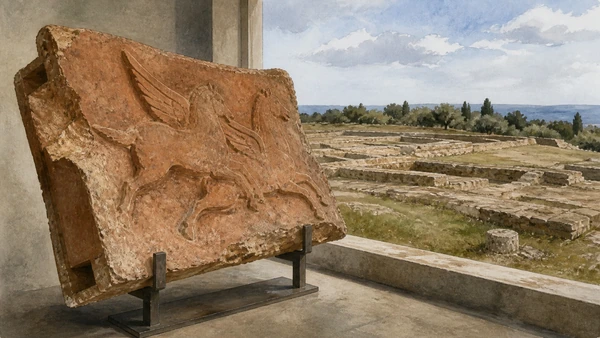 Original documentary watercolour of the Winged Horses terracotta displayed as an architectural fragment with the ruined Ara della Regina plateau visible in a contextual inset