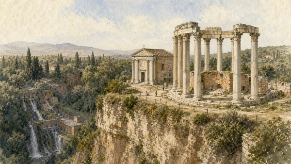 Original documentary watercolour of Tivoli's round and rectangular Roman temples above the Aniene gorge