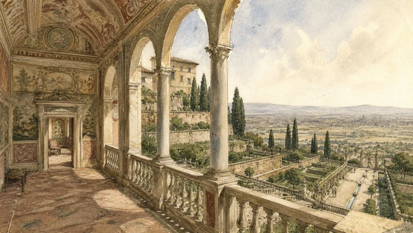 Original documentary watercolour of Villa d'Este's painted palace rooms opening through the Gran Loggia toward the garden