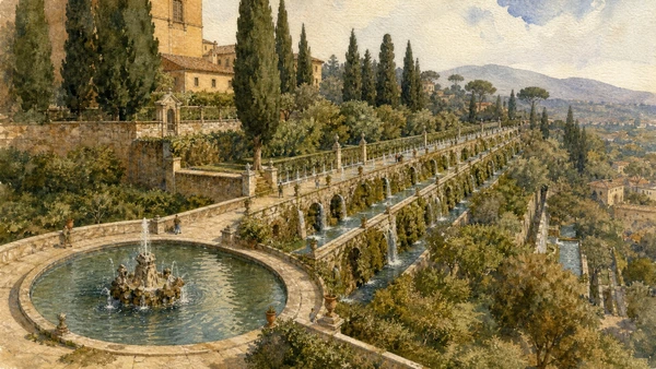 Original documentary watercolour of Villa d'Este's Hundred Fountains, Oval Fountain and gravity-fed terraces