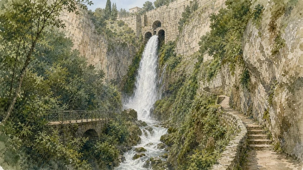 Original documentary watercolour of Villa Gregoriana's engineered Great Waterfall descending through the wooded gorge