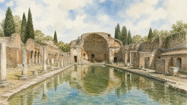 Original documentary watercolour of the Canopus pool, sculptural colonnade and vaulted exedra at Hadrian's Villa