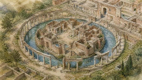 Original documentary watercolour cutaway of Hadrian's Villa's Maritime Theatre with ring canal and compact island rooms