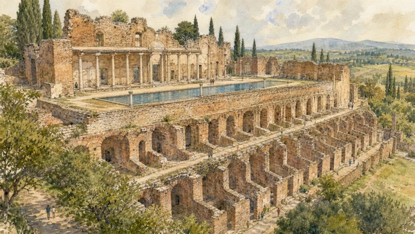 Original documentary watercolour of the Pecile basin and Hundred Chambers showing Hadrian's Villa's terraced service landscape