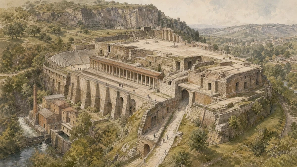 Original documentary watercolour reconstruction-aware view of the Sanctuary of Hercules Victor with theatre, terraces and later industrial structures