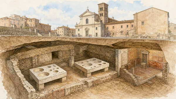 Original documentary watercolour cutaway of Tivoli's Mensa Ponderaria beneath the Cathedral quarter with marble measuring tables