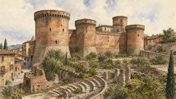 Original documentary watercolour of Rocca Pia's four brick towers above the surviving Amphitheatre of Bleso