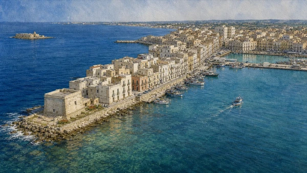 Documentary watercolour aerial of Trapani's long low peninsula with square Torre di Ligny, pale old-city buildings, harbour quays and a separate Colombaia islet