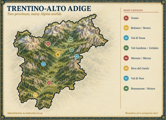 Illustrated map of Trentino-Alto Adige with eight numbered Merlintravel gateways