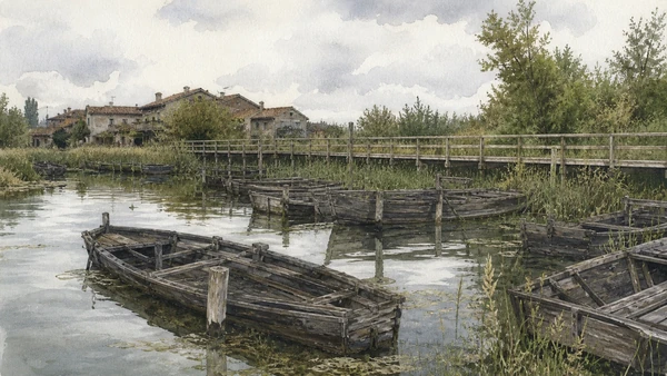 Original documentary watercolour of Casier's Burci timber hulls, boardwalk, reeds and working river settlement