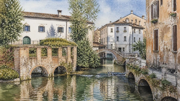 Original documentary watercolour of Buranelli canals with bridges, mill traces, inhabited banks and restrained daily use