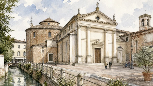 Original documentary watercolour of Treviso Cathedral complex, baptistery, crypt and Titian chapel
