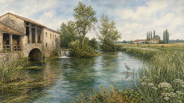 Original documentary watercolour of Sile springs, reed beds, lowland flow, farms and protected habitat