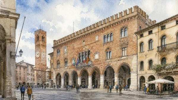 Original documentary watercolour of Piazza dei Signori, Palazzo dei Trecento, porticoes and everyday civic movement