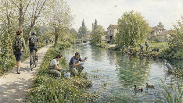 Original documentary watercolour of responsible Sile use with walkers, slow cyclists, habitat restoration and water monitoring