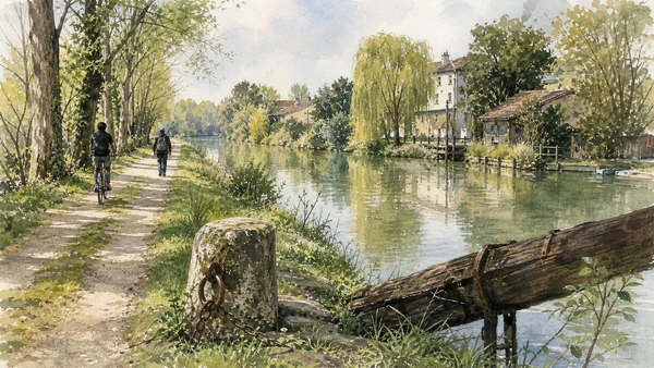 Original documentary watercolour of the Sile Restera with historic towing labour subtly overlaid on today's shared greenway