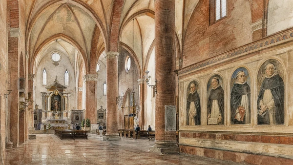 Original documentary watercolour of San Nicolò's brick interior and Tomaso da Modena's Dominican scholars