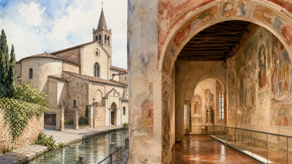 Original documentary watercolour of Santa Caterina church, cloister, medieval frescoes and civic galleries