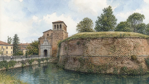 Original documentary watercolour of Treviso walls, Porta San Tomaso, moat water and present public paths