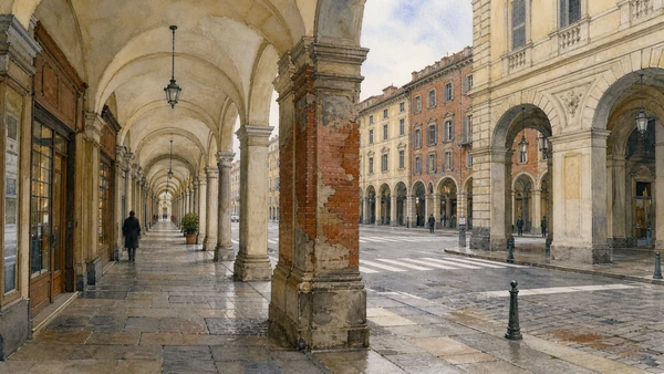Original documentary watercolour of Turin's arcades: one visual system, many owners and uses in Turin · Piedmont, showing accurate architecture, landscape, people and present-day use