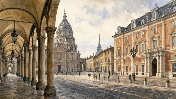 Documentary watercolour for Baroque Turin, Guarini and the Planned Capital