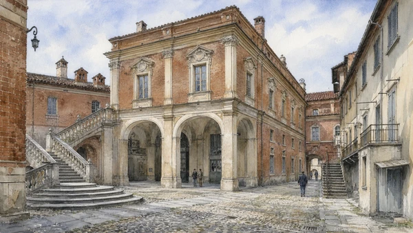 Original documentary watercolour of Aristocratic palaces: court hierarchy behind restrained fronts in Turin · Piedmont, showing accurate architecture, landscape, people and present-day use